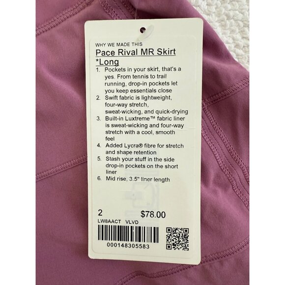 Lululemon Skirt New Size 2 Long Pace Rival Mid-Rise Athletic Skort Velvet Dust - Picture 6 of 15